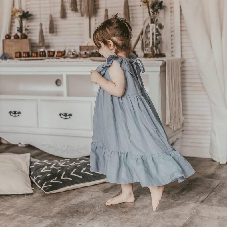 Girls Dress Summer Solid Color Cotton Linen Ruffles A-Line Princess Long Dresses