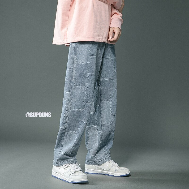 Men Jeans Vintage Geometric Patchwork Hip Hop Denim Pants