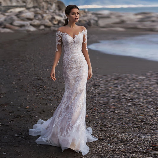 White Bridesmaid Dresses: Beach Long Sleeves Mermaid Tulle Wedding Dress Elegant