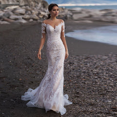 Beach Long Sleeves Mermaid Tulle Wedding Dress Elegant V-Neck