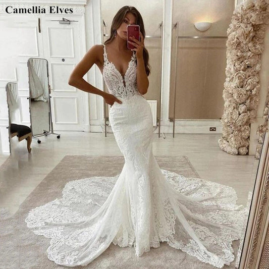 White Bridesmaid Dresses: Lace Mermaid Wedding Dresses Spaghetti Strap Bride Dress