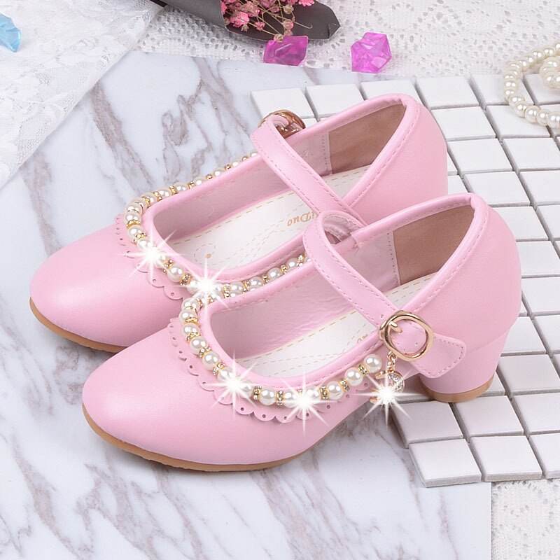 Princess Kids Leather Shoes for Girls High Heels Beaded Children