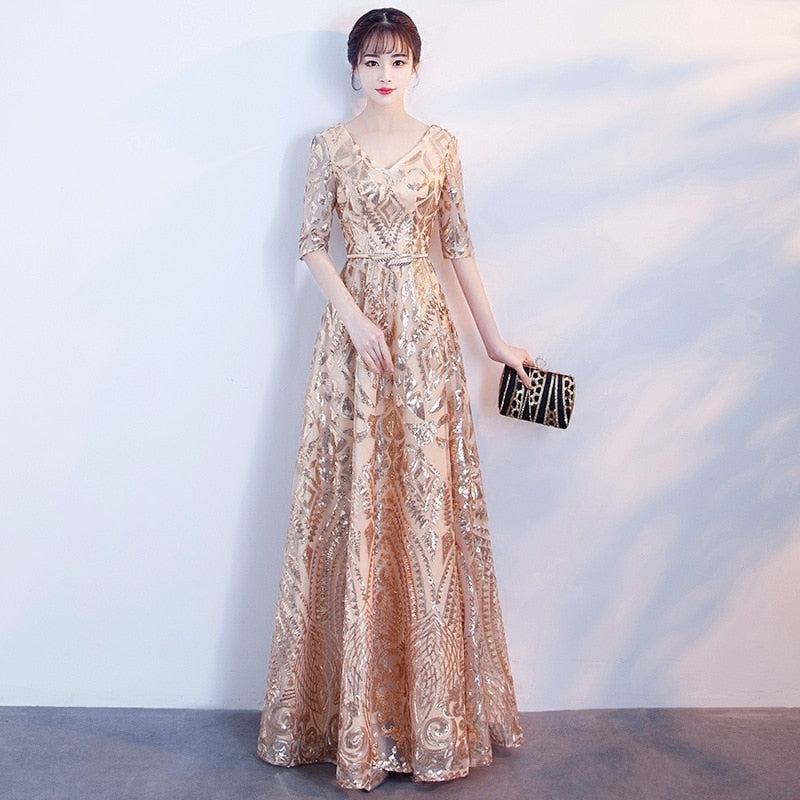 Evening wear Dresses: Women Banquet A- Line Dresses Slim V-Neck Host Formal Gown