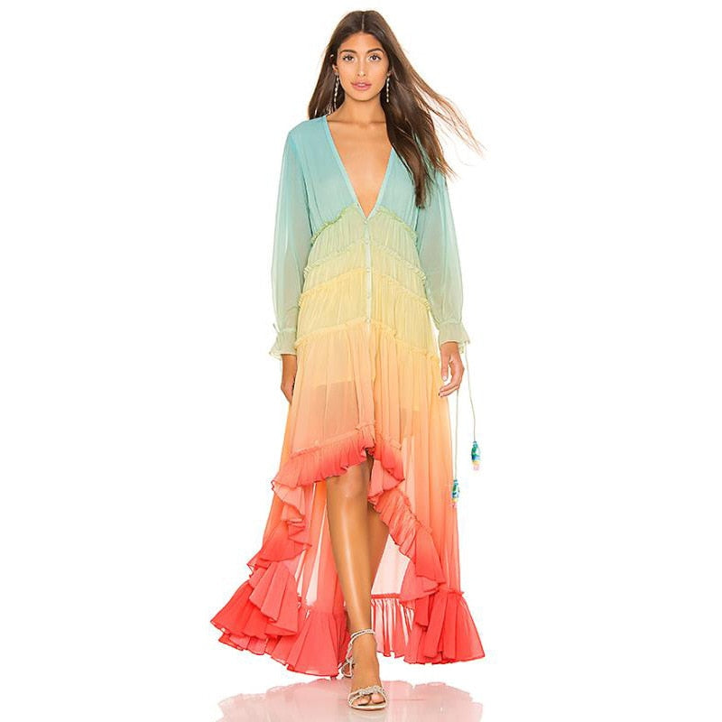 Women's Summer Bohemian Dress Printing Gradient Elegant Maxi Dress