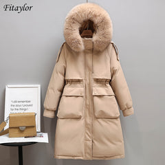 Winter Women Long Jacket Large Natural Fur Collar Hooded