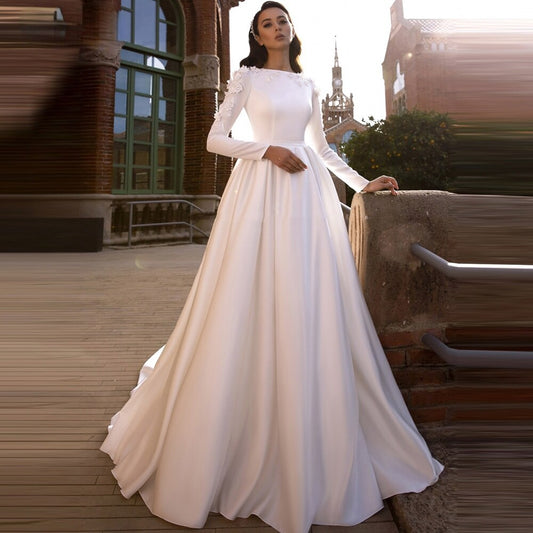 White Bridesmaid Dresses: Wedding Dress Long Sleeves A Line Bride Gowns 3D Flowers