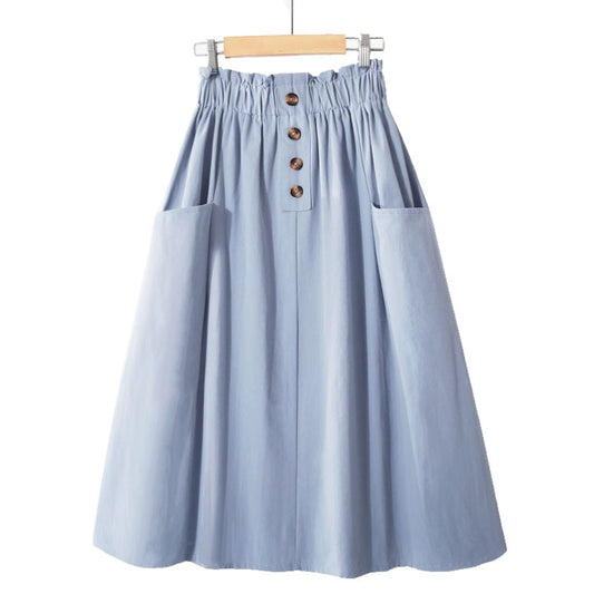 Women Summer Skirt Spring Korean Style Casual Solid High Waist  A-Line Midi Skirts