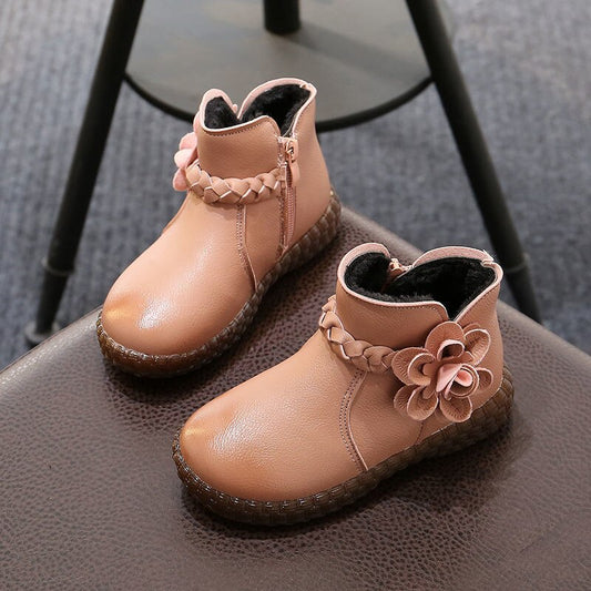 Winter Children Girls Boots Pu Leather Plush Warm Fashion Boots for Girls Flower