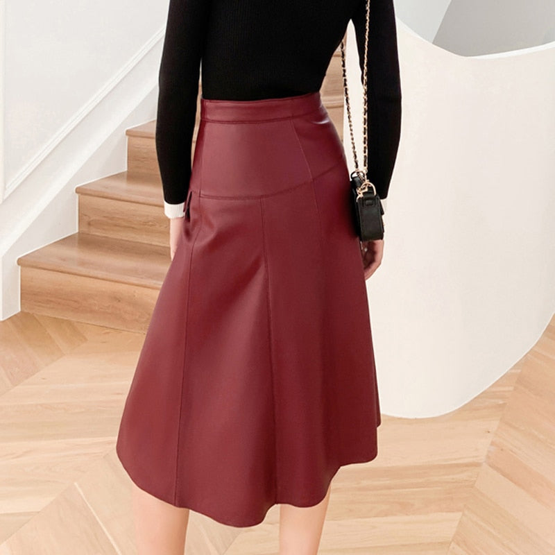 Woman Genuine Leather Skirts Female Elegant High Waist A Line Saia Mujer Over