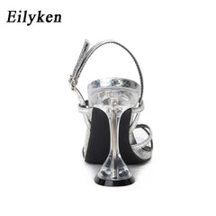 Silver Back Strap Sandals Transparent Perspex Heel Spike High Heels