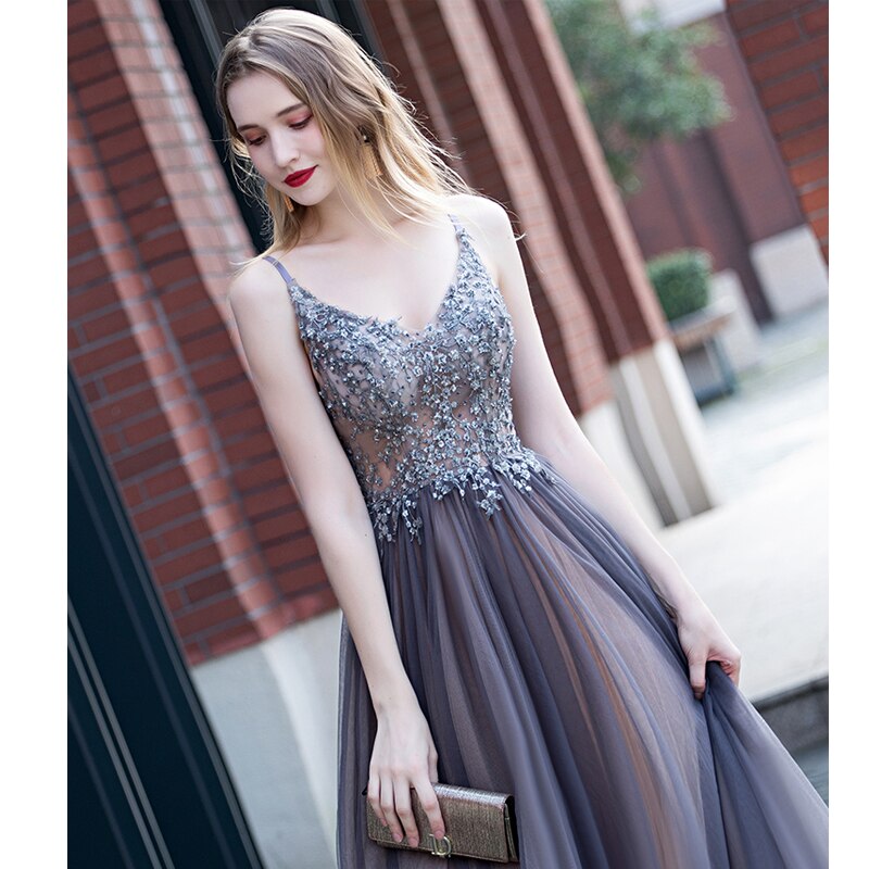 Evening wear Dresses: Prom Dresses V neck High Split Tulle Sleeveless Evening Gown