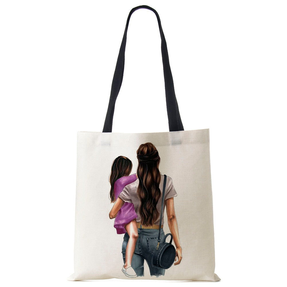 Cute Cartoon Super Mama Print Linen Tote Bag Reusable Shoulder Bags Mom