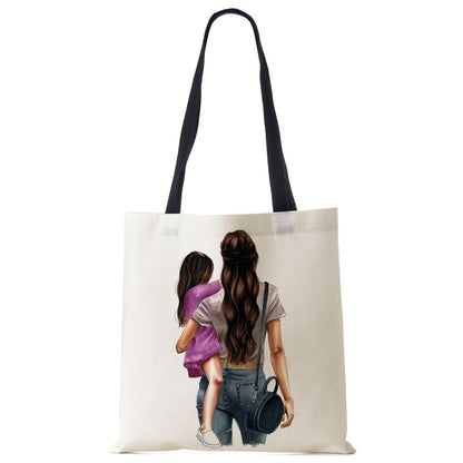 Cute Cartoon Super Mama Print Linen Tote Bag Reusable Shoulder Bags Mom