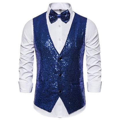Shiny Royal Blue Sequin Dress Vests Men Slim Fit V Neck Glitter Tuxedo Waistcoat