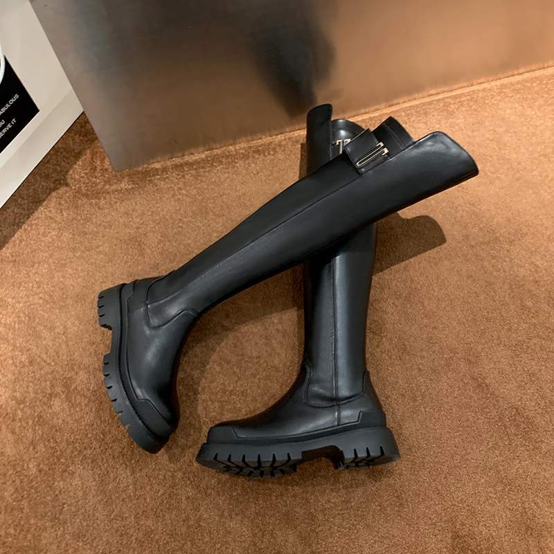 cow leather platform thigh high boots round toe casual