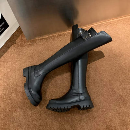 cow leather platform thigh high boots round toe casual