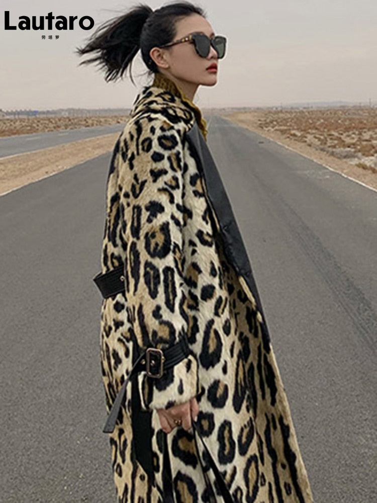 Lautaro Winter Long Leopard Print Warm Fluffy Faux Fur Trench Coat