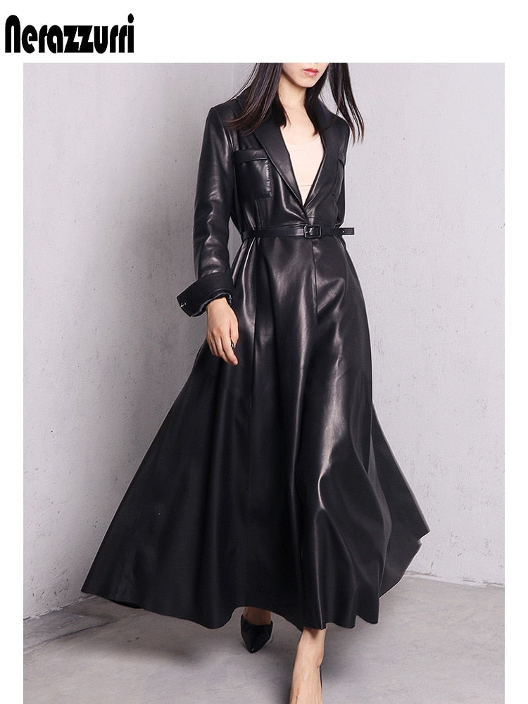 High Quality Red Black Maxi Pu Leather Trench Coat for Women Extra