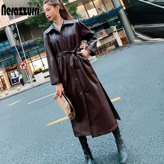 Autumn long leather trench coat for women long sleeve belt buttons