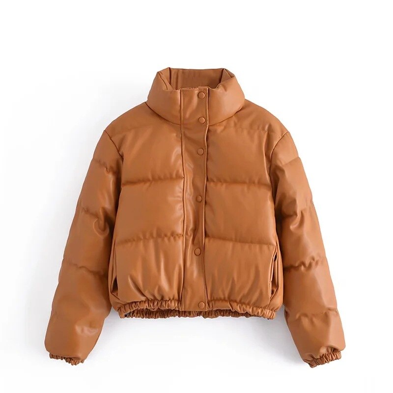 Winter Women Jacket Thick Warm Short Parka Black Pu Leather Coats Woman