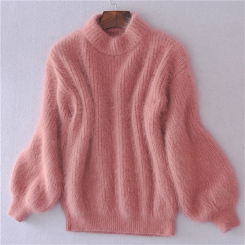 White Mohair Thicken Turtleneck Sweater Autumn Winter Sweet Fashion
