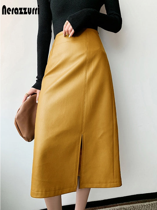 Midi skirts below knee Yellow black soft leather skirt women zipper