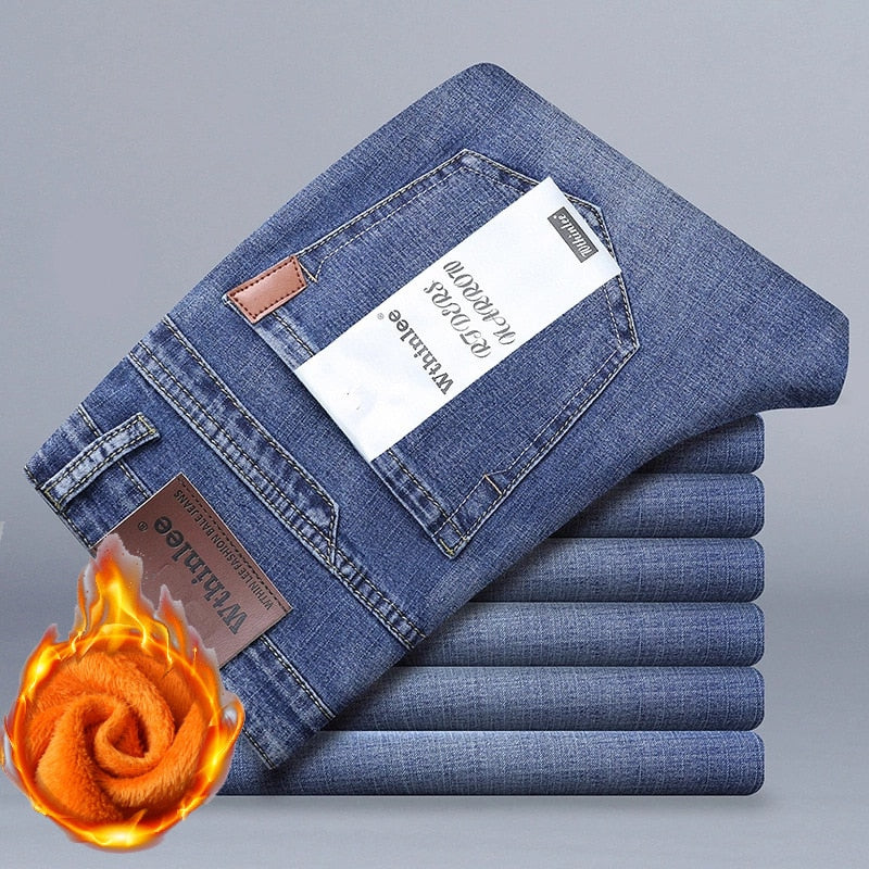 Classic Men'S Regular Fit Fleece Jeans Business Fashion Loose Casual