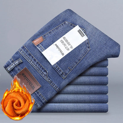 Classic Men'S Regular Fit Fleece Jeans Business Fashion Loose Casual