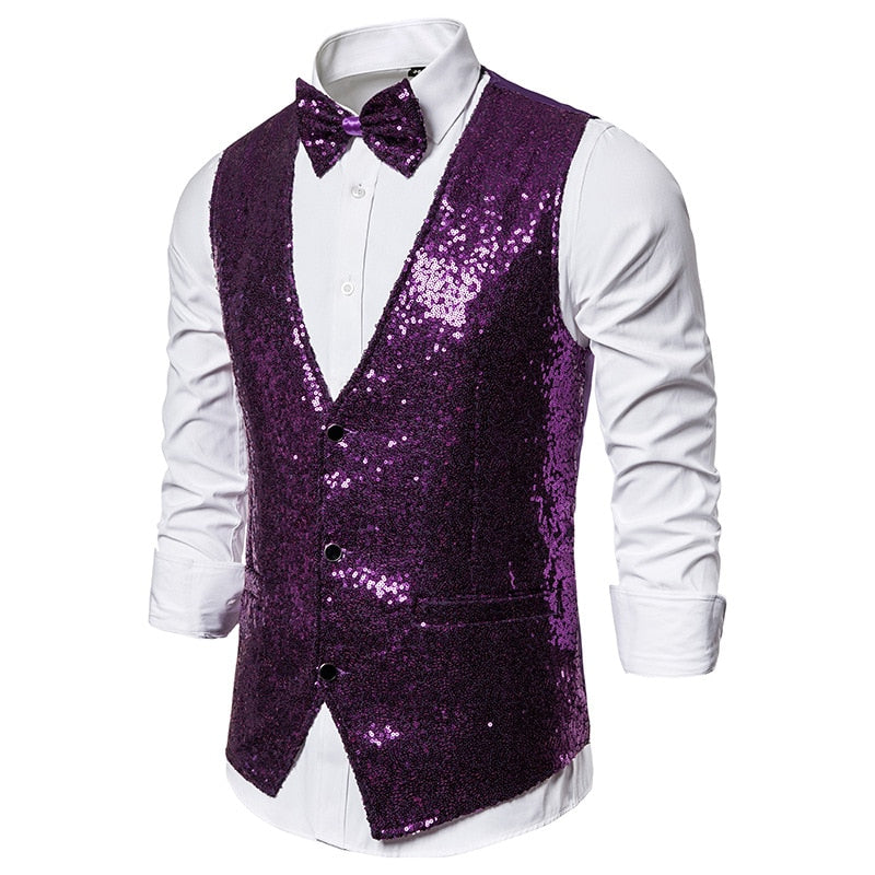 Shiny Gold Sequin Sparkling Waistcoat Men Slim Fit V Neck 2 Pieces Mens Vest
