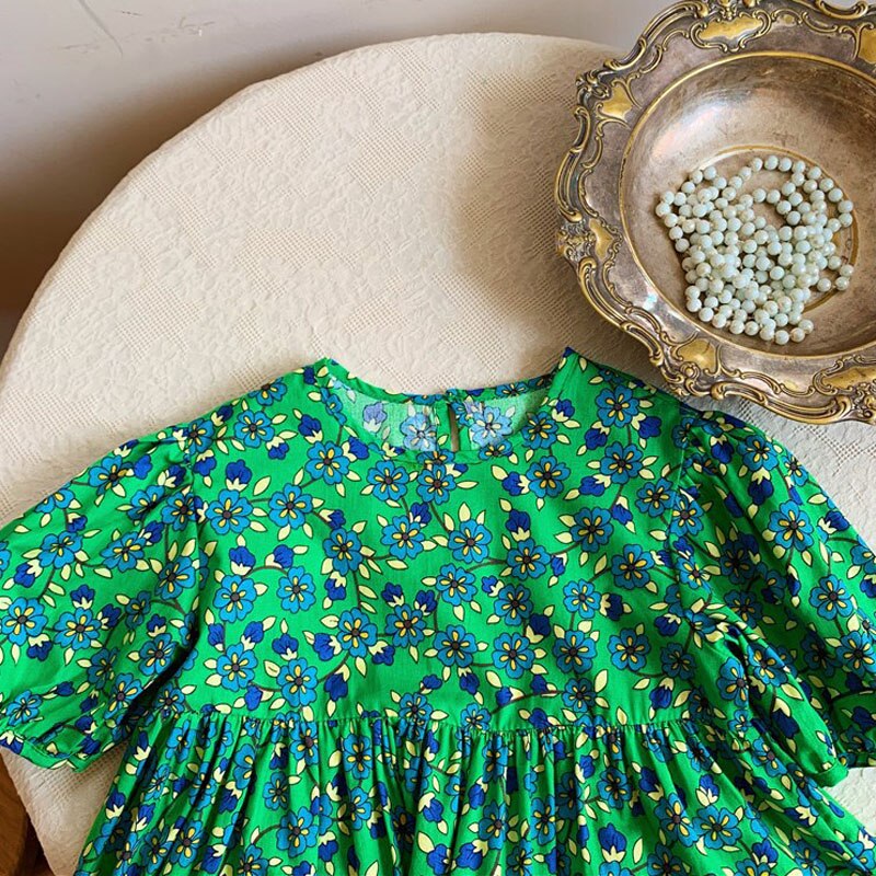 Summer Girls Dress Trimmed With Agaric Laces Green Flower Short Sleeve Sweet