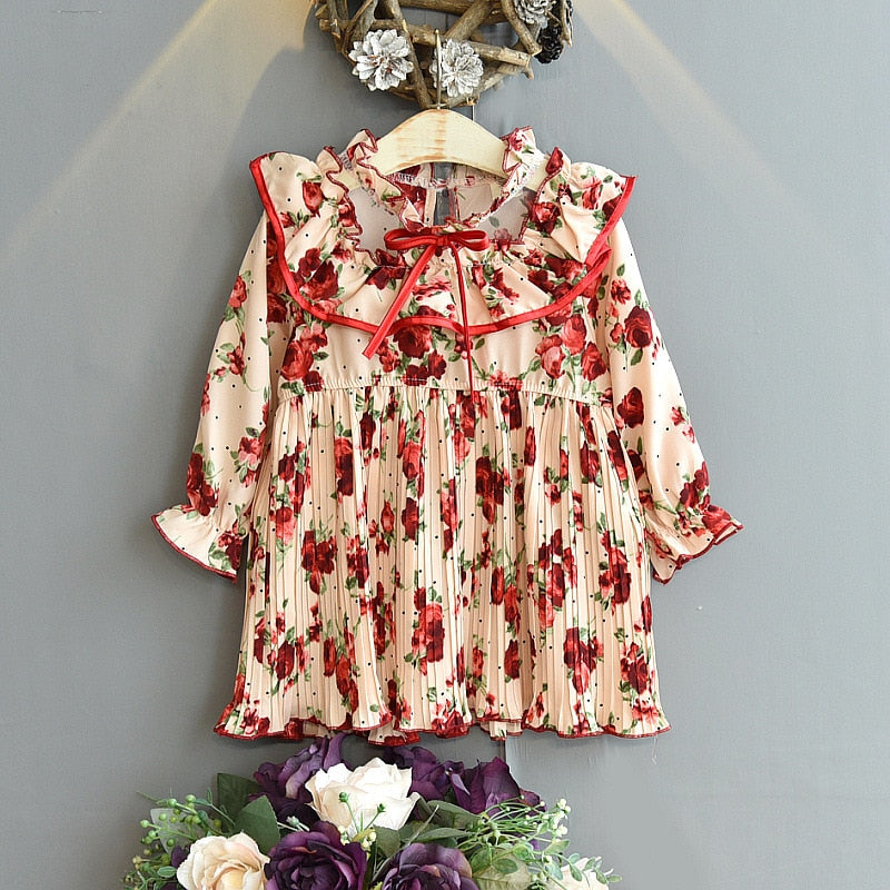 Girls Chiffon Floral Dress Autumn Spring Children Clothing European