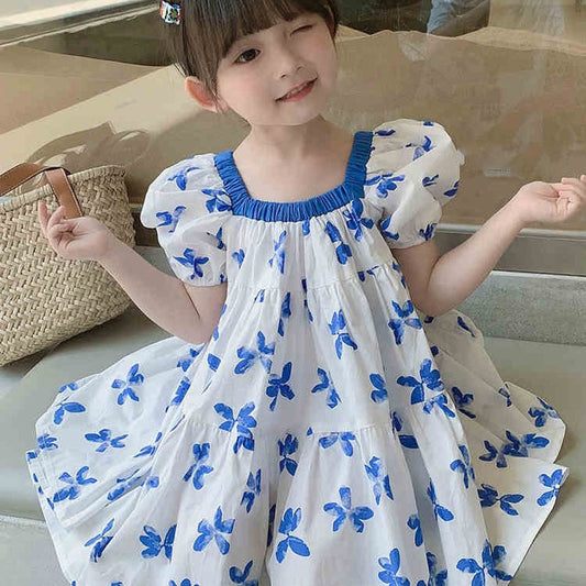 Summer Girls Dress Fashion Puff Sleeve Square Neck Sweet