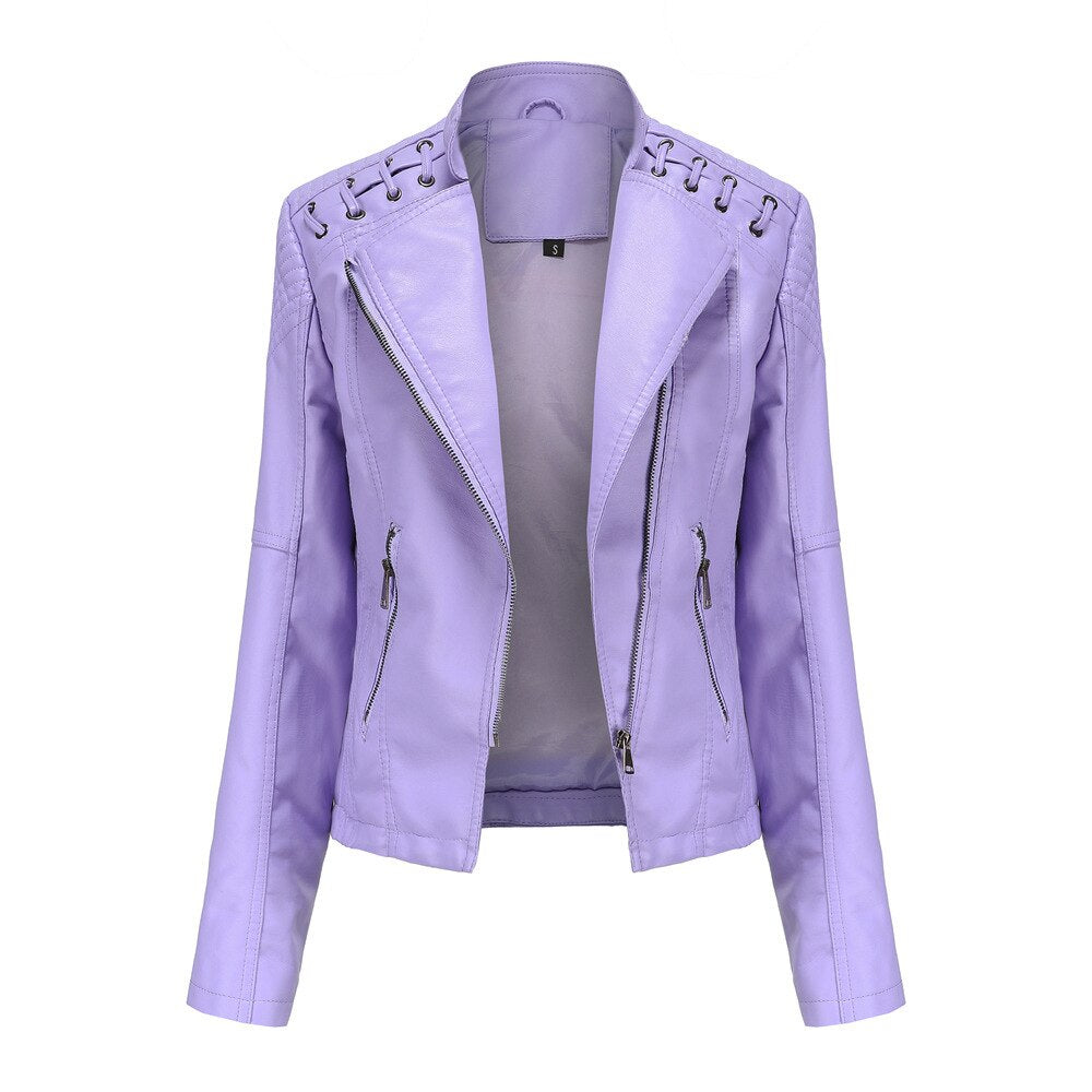 Women's Leather Jacket Slim Turn-down Collar Short PU Leather Jacket