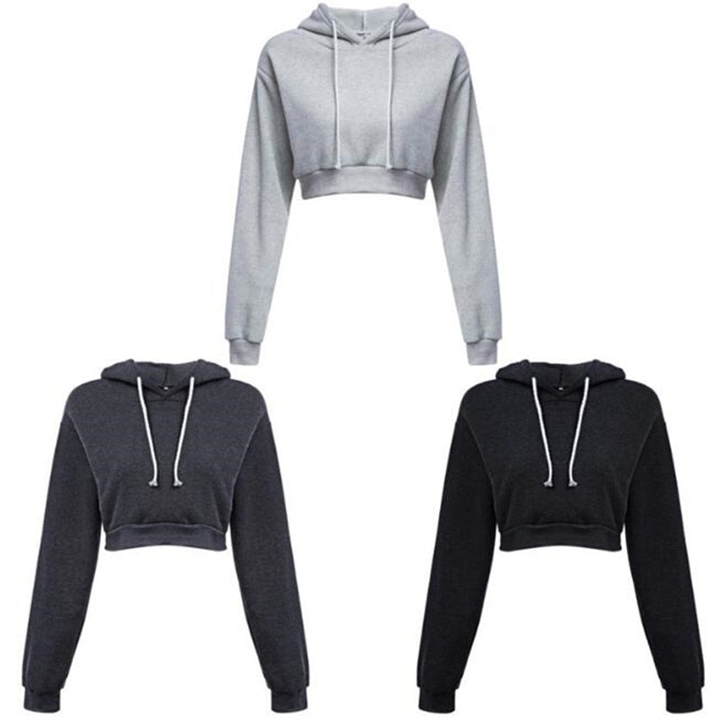 Women Hoodies Solid Crop Hoodie Long Sleeve Jumper Hooded Pullover