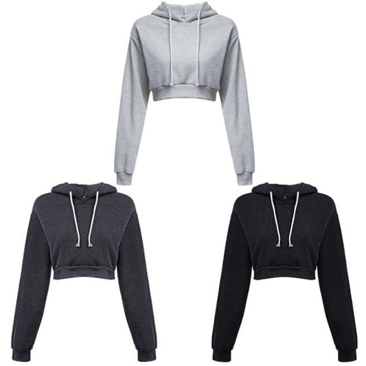 Women Hoodies Solid Crop Hoodie Long Sleeve Jumper Hooded Pullover