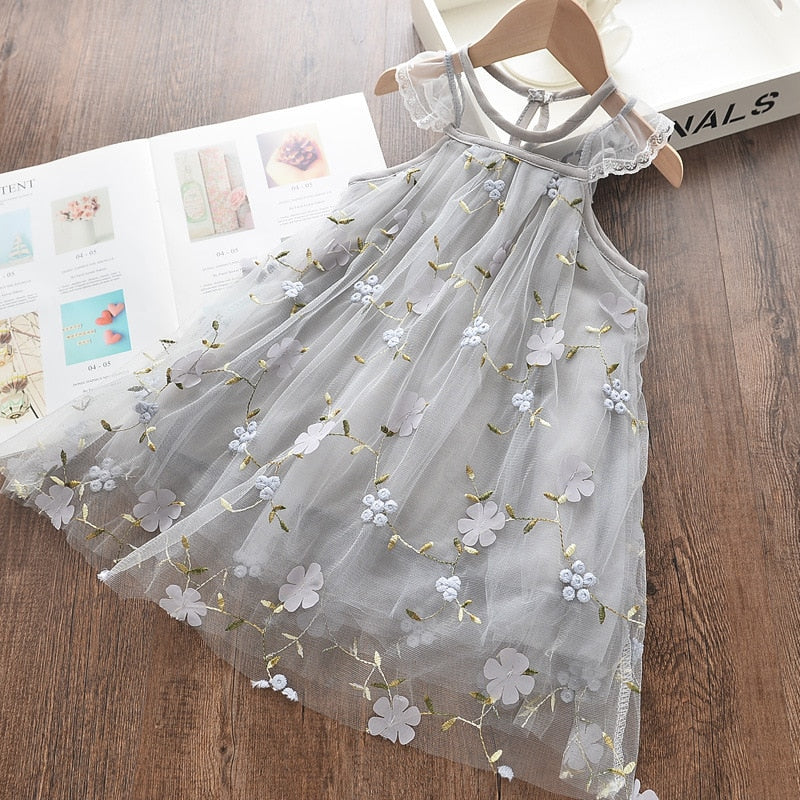 Girls Dress Strap Hollow Embroidery Casual Sleeveless Party Princess Dress