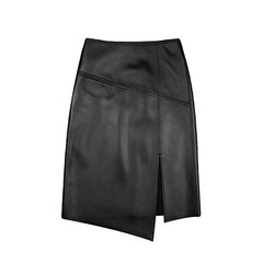 Skirt With Slit Women Elegant Genuine Leather High Waist OL Knee Long Split Jupe