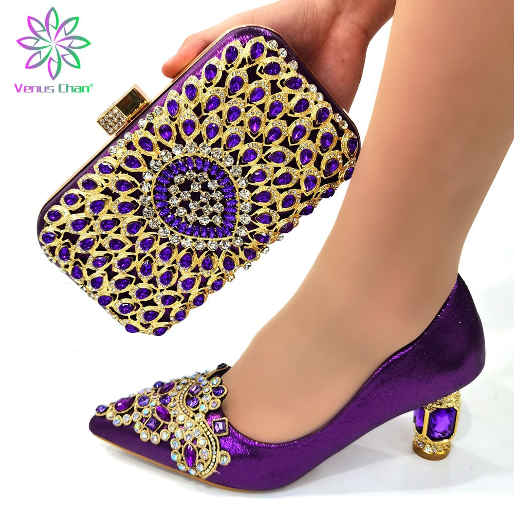 Design Nigerian Lady Party Matching Shoes and Bag Set in Blue Color African Women