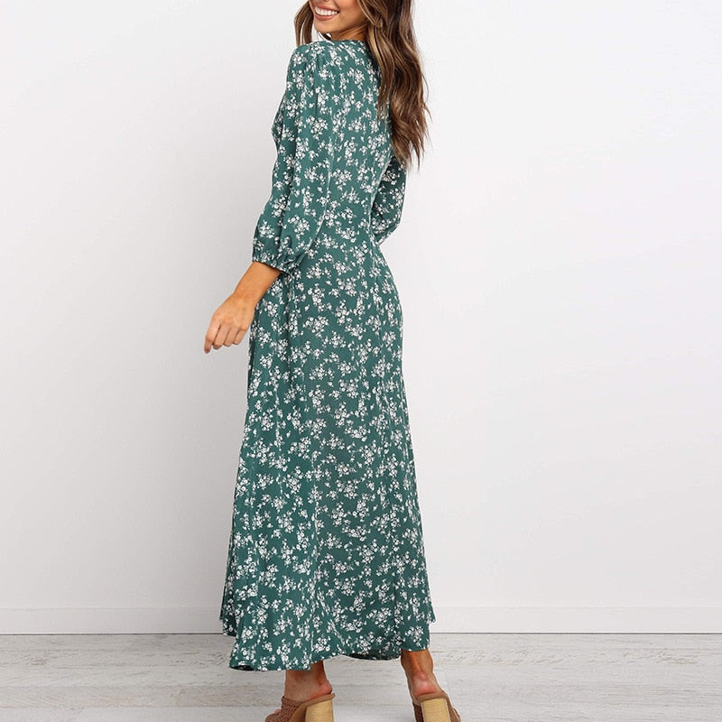 Women Chiffon Long Dress Floral Print Lantern Sleeve A-line Maxi