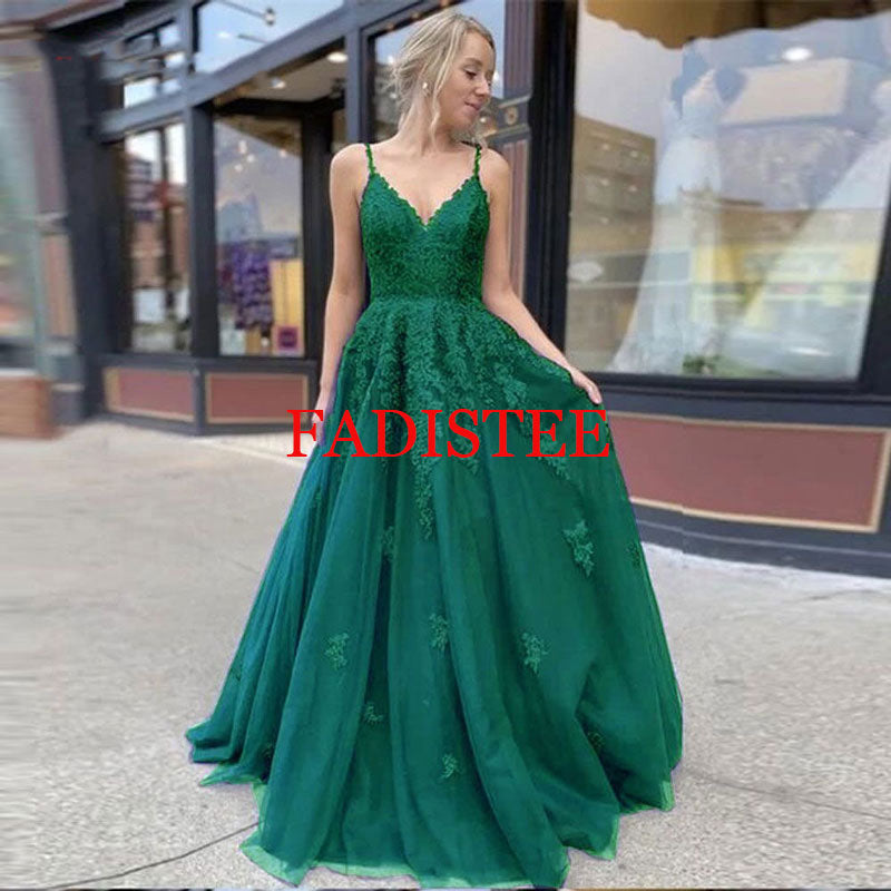 Lace Navy Blue V-neck Vestidos De Fiesta Noche Prom Party Evening Dresses Robe De Soiree Gown Frock Long Soft Tulle Lace-up