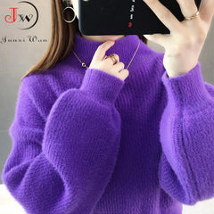 Thick Mohair Women Sweaters Turtleneck Soft Lantern Sleeve Short Pullovers