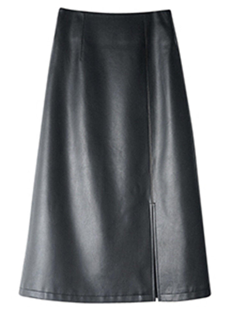 Midi skirts below knee Yellow black soft leather skirt women zipper