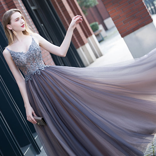 Evening wear Dresses: Prom Dresses V neck High Split Tulle Sleeveless Evening Gown