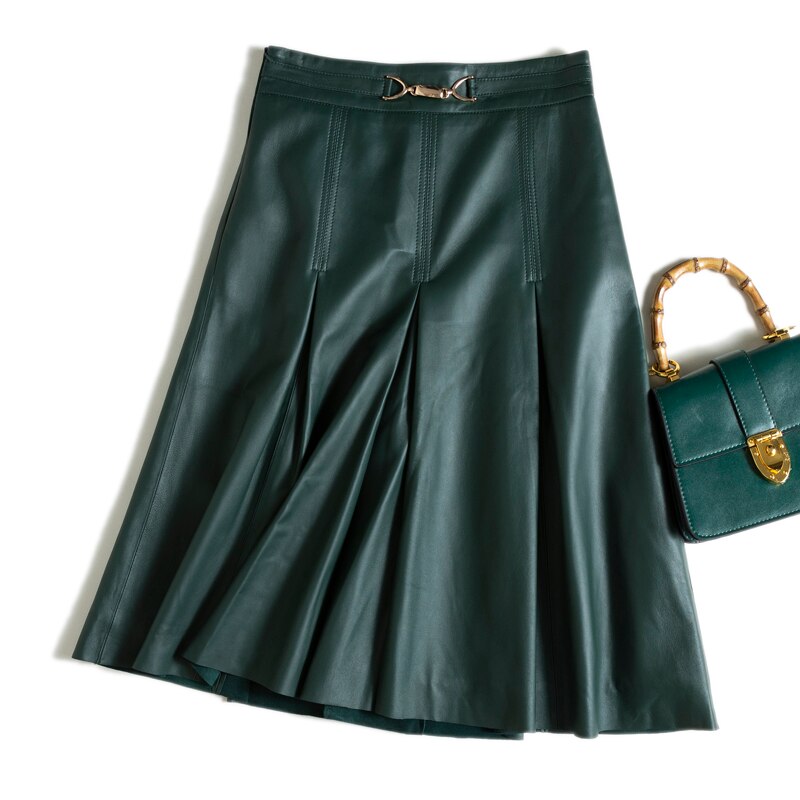 Literary Retro Leather Skirts Women Female 3D Metal  Tailoring High Waist Mid Long