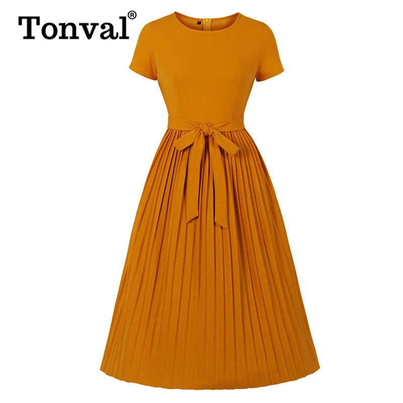Tonval Ginger High Waist Belted Pleated Elegant Party Long Dress Women Autumn