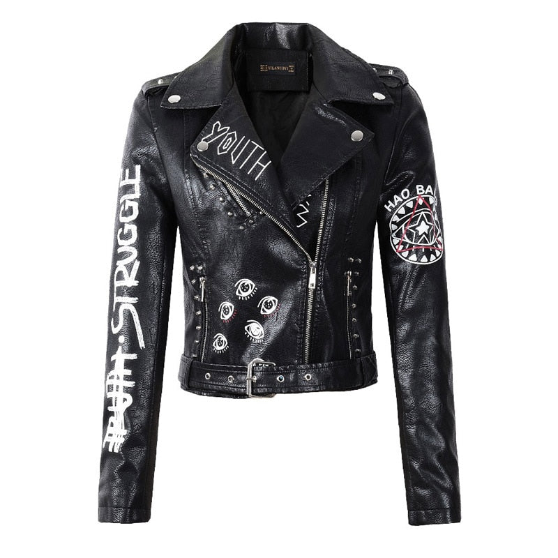Spring  Women Faux Leather Jacket Turn-Down Collar Letter