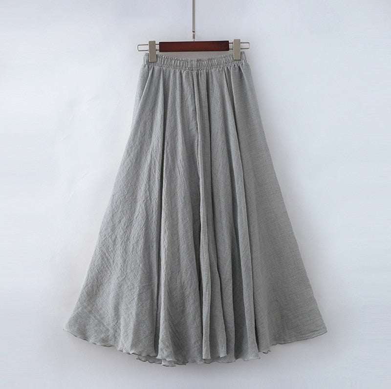 Cotton Linen Maxi Skirt Womens Casual Elastic High Waist Pleated