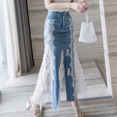 Fashion Long Maxi Denim And Lace Fishtail Skirt For Women S-2XL Mermaid Style