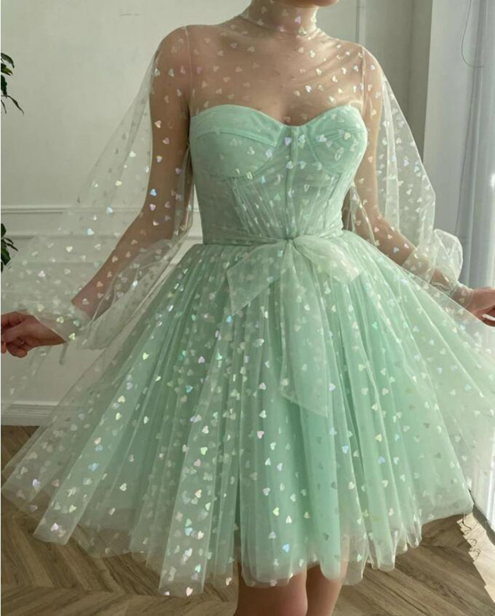 Homecoming Dresses: Light Green Tulle Short Prom Dresses High Neck A Line