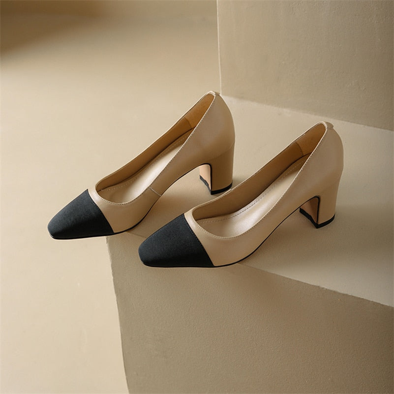 Women Genuine Leather Thick Heels Pumps Square Toe High Heel 6cm